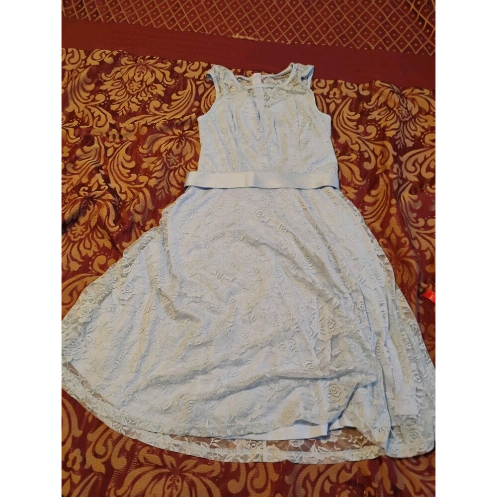 Dressy Star Small Blue Lace Knee Length Dress With Ribbon To Tie Bow